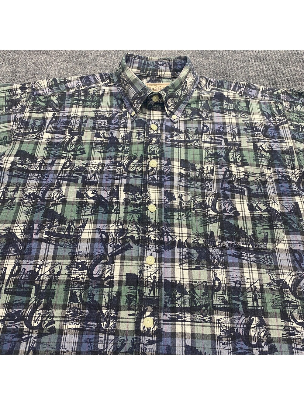 VTG Woolrich Camp Shirt Mens L Geometric AOP Fishing Sketch‎ Plaid Short Sleeve